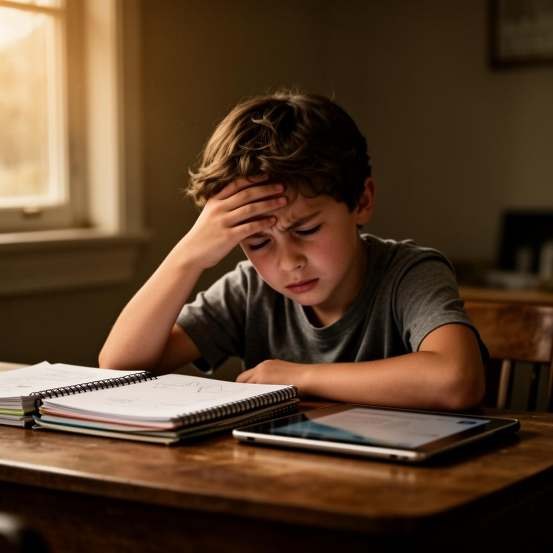 Criança com expressão de frustração diante dos estudos